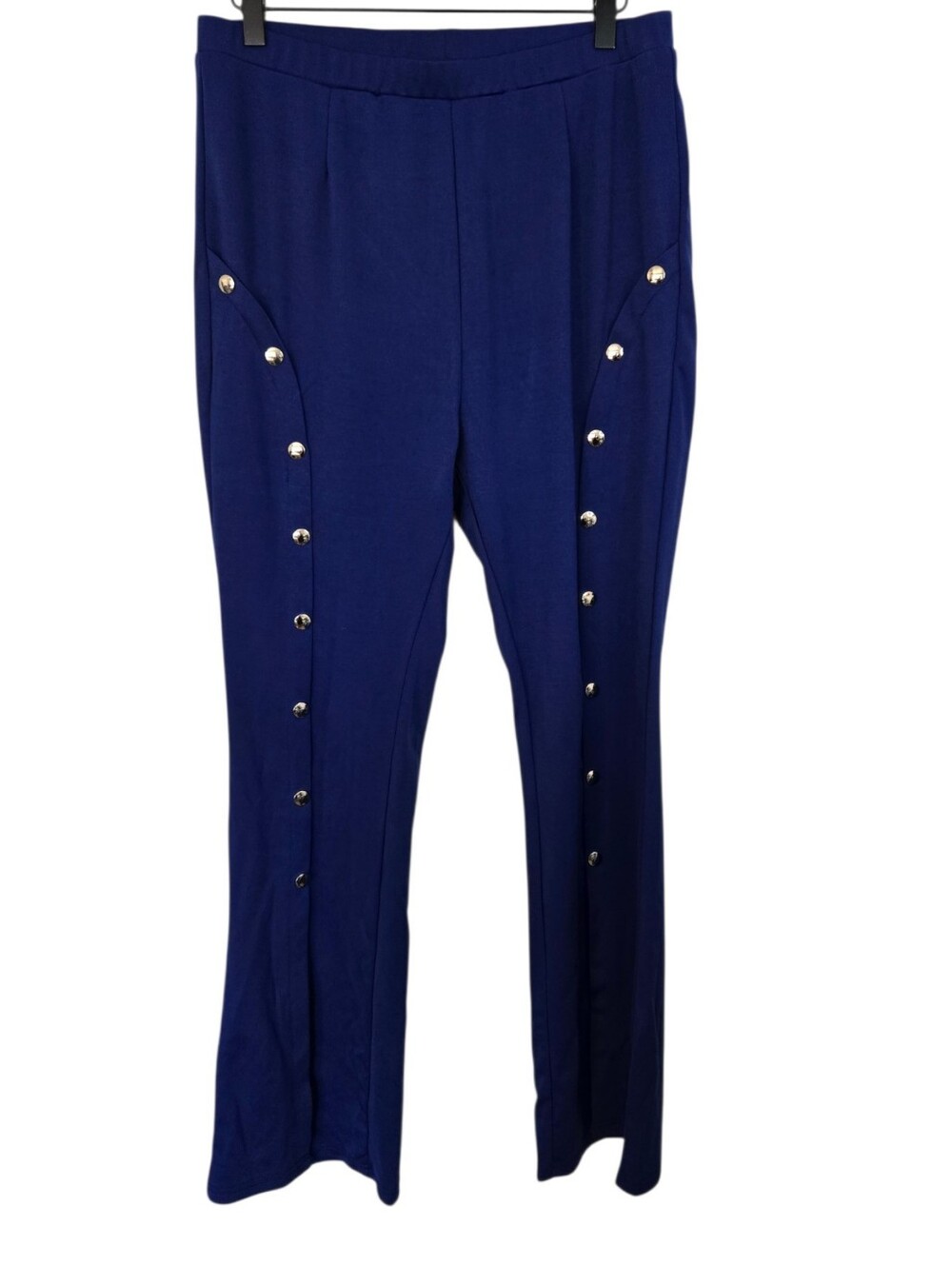 Royal Blue Gold Button Split Hem Pants Women’s XL Stretch Pull On Statement Trou - Picture 2 of 6